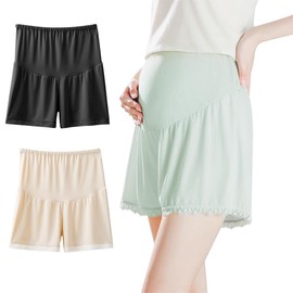 MIIFIT Maternity Petticoat, Shorts, Undershorts, Inner Shorts, Overpants, Maternity Shorts, High Waist, Room Wear, Thin, Non-stuffy, Highly Breathable, Stretchy, Soft, Lace Hem, Stylish, Black + Skin