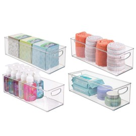 mDesign Plastic Bathroom Organizer - Storage Holder Bin with Handles for Vanity, Cupboard, Cabinet Shelf, Linen or Hallway Closets, Holds Styling Tools, Beauty Products, or Toiletries - 4 Pack - Clear