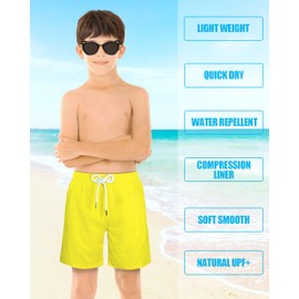 LUCOWEE Boys Swimming Trunks with Compression Liner Anti-Chafe Swim Shorts Bathing Suit Swimsuit Stretchy Real Drawstring Sandless Light Weight Quick Dry UPF 50+ Bright Yellow Lakewear Size 7-8