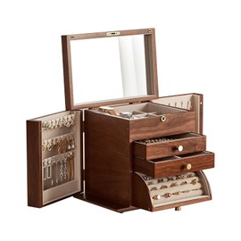 CHOSIN Black Walnut Wooden Jewelry Box, 4-Layer Lockable Organizer with Mirror, Rotatable Ring Holder,Side Doors & Brass Handle, Classical Design for Rings, Necklaces, Earrings, Christmas Gifts