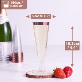 MATANA 48 Premium Plastic Champagne Glasses with Rose Gold Rim, 150 ml - Plastic Champagne Glasses Gold, Reusable Champagne Flutes, Cocktail Glasses, Plastic Cups for Weddings, Birthdays, Parties