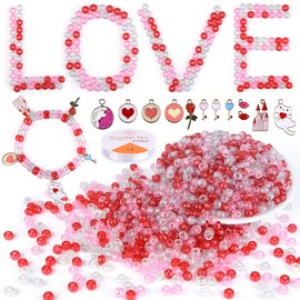 MIAHART 1200 Pcs Valentine's Day Craft Beads with 12 Pcs Charms Pendant Decorations 1 Roll Elastic String Romantic Glitter Pony Beads for Valentine's Day Decorations DIY Crafts Jewelry Making