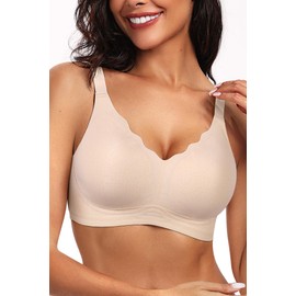 Vertvie Women's Seamless Bras No Underwire Scalloped Push Up Bras Soft Wireless Comfort Bralettes Full Coverage Everyday Bra (Nude Jacquard,Large)