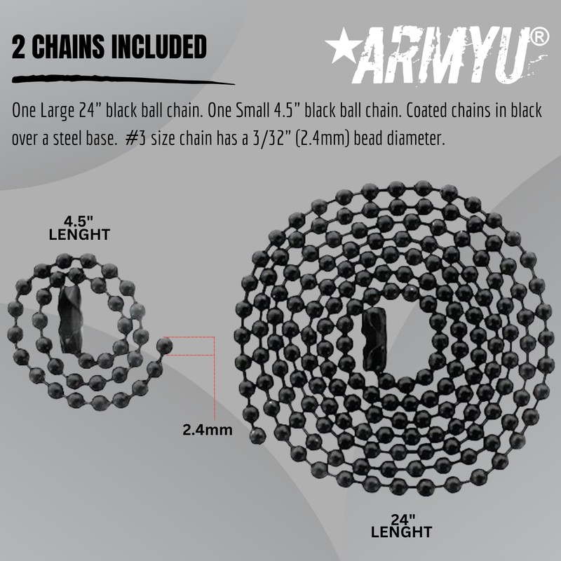 ARMYU Black GI Military Army Dog Tag Ball Chain Set