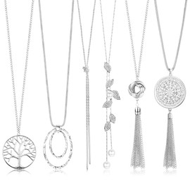 Roheafer 6Pcs Long Necklaces for Women Tassel Pendant Necklace Circle Knot Bar Feather Leaf Sweater Necklace Statement Necklace for Women