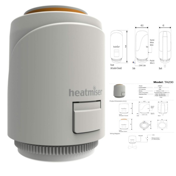 Heatmiser 230v Actuator Water Underfloor Heating M30 x 1.5 Works with The NeoHub Gen 2 Giving You Interface Apple Home kit Alexa & Google Home Including Kudos Tradings Next Working Day Prime Delivery.