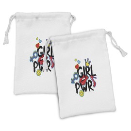 Ambesonne Girl Slogan Fabric Pouch Set of 2, Girl Power with a Crown Cartoon Style Lettering Bold and Hand Drawn Stickers, Small Drawstring Bag for Toiletries Masks and Favors, 9" x 6", Multicolor