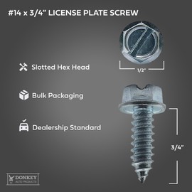 License Plate Screws - #14 x 3/4" Inch - Slotted Hex Head – for Vehicles (100 Pack)
