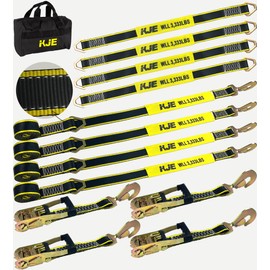 KJE Heavy Duty Car Trailer Tie Down Straps with Reflective - (4) 2" x 10' Ratchet Straps with Snap Hooks, (4) Axle Straps 2" x 36'' - 10,000lbs Break Strength - Use for Car, Truck, UTV Transport