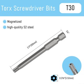 FOCMKEAS 5PCS T30 Magnetic Tamper Proof Torx Screwdriver Bits, 1/4 Inch Hex Shank 3.9 Inch Length S2 Steel Security Drill Torx Head Drill Screw Driver Tools(100mm Long, Star 6 Point)