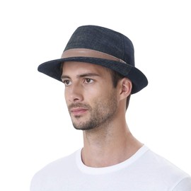 WITHMOONS Denim Cotton Fedora Hat with Faux Leather Band LD3279 (Blue, XL)