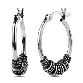 LeCalla Sterling Silver Jewelry Light Weight Oxidized Tribal Bali Hoop Earring for Women