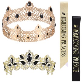 Saintrygo 4 Pcs Homecoming Prince and Homecoming Princess Prom Court Sashes Crowns 80s Prom Tiara Shiny Satin Cosplay (Dark Style)