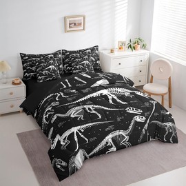 Feelyou Dinosaur 7 Pieces Bedding Set Dinosaur Skull Bed in a Bag for Kids Teens Adults 3D Dino Print Full Comforter Set with Sheets Jungle Dino Bed Set Room Decor, White Black