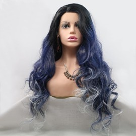 Xiweiya Long Curly Hair Lace Front Wigs For Women Blue Root Ombre Blonde Tips Synthetic Wavy Lace Front Wig Heat Resistant Full Wigs Natural Hairline Middle Part Pastel Wigs 24 Inch