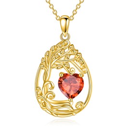 Tree of Life January Birthstone Necklace for Women Sterling Silver Yellow Gold Plated Teardrop Pendant Tree Jewelry Ruby Pendant Red Gemstone Anniversary Birthday Mothers Day Gift (01-Jan-Garnet)