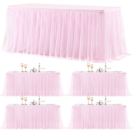 4 Pack Pink Table Cloth for 6 Foot Rectangle Tables, Pink Tulle Table Skirt Stretch Fitted Table Covers, Rectangular Tablecloth Ruffle Tutu Table Cloths Wedding Banquet Party Tablecloths Table Decor