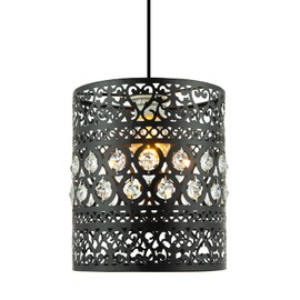 Traditional and Ornate Black Easy Fit Drum Pendant Light Shade with Transparent Acrylic Droplets | 20cm Diameter | Shabby Chic Style by Happy Homewares