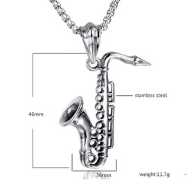Saxophone Necklace for Men, Hip Hop Saxophone Necklace, Jazz Musical Instrument Pendant Necklace with 23.6"Chain, Stainless Steel Punk Rock Saxophone Pendant, Vintage Saxophone Music Lovers Necklace Jewelry for Men