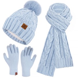 Womens Winter Beanie Hats Scarf Touchscreen Gloves Set Chenille Knit Fleece Lined Gifts for Women Cold Weather