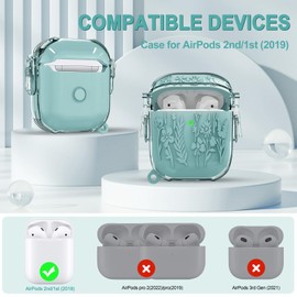 for AirPods Case 1st/2nd Generation Case Cover with Lock, Flower Engraved Case for AirPods 2nd/1st, Full-Body Protective Cover for AirPod Case Cover with Clean Kit&Keychain&Lanyard (Pine Green)