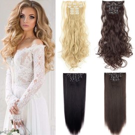 24"-26" Clip in Hair Extensions 6Pcs 16 Clips Curly Wavy Straight Thick Clip on Synthetic Hair Extension Hairpieces