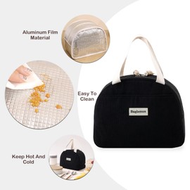 GODWOODS Corduroy Lunch Bag with Cotton Webbing Handles - 6.65L Thermal Insulated Food Tote, Leakproof Reusable Meal Prep Container for Office, Picnics & Travel (25x14x19cm) (Black)