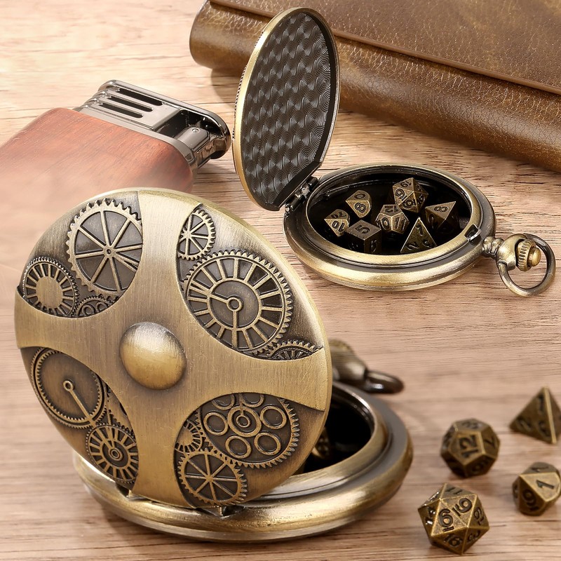 Mini DND Dice Set Bronze Steampunk Gear Pocket Watch Case