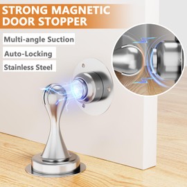 Magnetic Door Stopper - 2 Pack - Stainless Steel Door Stoppers for Bottom of Door| Magnetic Door Stop for Wall and Floor Mounting| No Drilling Door Catch Door Holder with 3D Adhesive Tapes, Silver