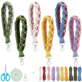 PLIGREAT 6 Sets Macrame Wrist Keychain kit Handmade Colorful Macrame Lanyard with Instruction for Phone Key Handbags Purse Decor Women Phone Wrist Strap Adult DIY Craft