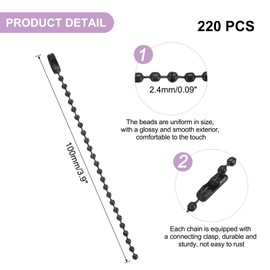 uxcell 220pcs Metal Ball Bead Chain, 100mm Long Bead Connector Clasp Dog Tag Hanging Chain for Key Chains Tags Craft Projects Jewelry Making, Black