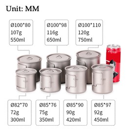 TOMSHOO Ultralight Titanium Cup Outdoor Portable Camping Picnic Water Cup Mug with Foldable Handle 300ml/350ml/420ml/450ml/550ml/650ml/750ml