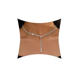 Wendalern Boho Crystal Choker Necklace Silver Rhinestone Pendant Necklace Crystal Y Lariat Necklaces CZ Tennis Chain Necklace Jewellery for Women and Girls, Silver Crystal Metal, Rhinestone