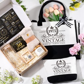 iAOVUEBY 50th Birthday Gifts for Women Her, Cool Gifts for 50 Year Old Woman, Fifty Birthday Canvas Tote Bag Glass Cup Candle Gift Basket Ideas Daughter Mom Sister Friend Wife Coworkers