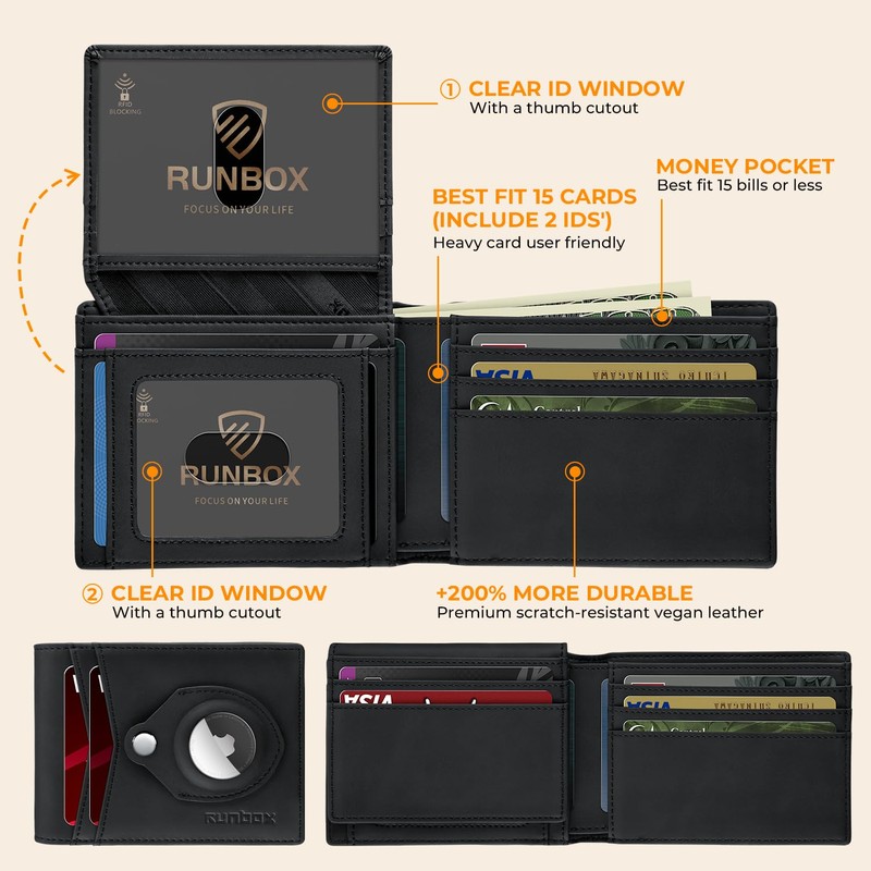 RUNBOX Airtag Wallet for Men Slim Rfid Leather 2 ID