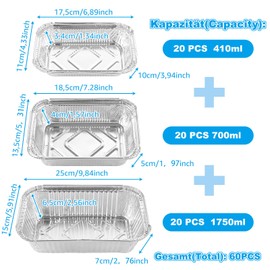 Oungy Pack of 60 Aluminium Grill Trays, Reusable, 410 ml/700 ml/1750 ml, Small Aluminium Trays, Fat Tray, Gas Grill, Aluminium Trays for Roasting, Cooking, Baking, Grill Tray, Aluminium