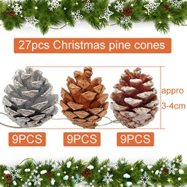 27 Pcs Pine Cones Christmas Decorations, Silver/Gold/White 3 Colors of Pine Cones, Natural Pinecones with String Pendant Crafts for Garland Xmas Tree Baubles Wreath Gift Tag Hanging Ornaments