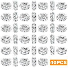 40pcs 12mm Large Hole Rhinestone European Beads, Crystal Rondelle Spacer Beads Round Loose Beads for Snake Chain Bracelet DIY Jewelry Making, Hole: 8mm