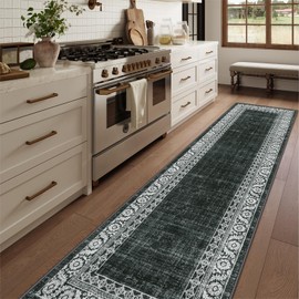 Lahome Black Washable Hallway Runner Rug 2'6" x 10', Extra Long Kitchen Runner Rug Non Slip, Vintage Bordered Ultra-Thin Low Plie Indoor Throw Carpet Runner for Stairway Entryway Bathroom