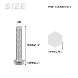 METALLIXITY Hex Bolts (M12-1.75x70mm) 4Pcs, 304 Stainless Steel Coarse Fully Threaded Hex Head Screw Bolt Machine Screws - for Furniture Repair, Silver