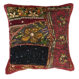Rastogi Handicrafts Decorative Throw Pillow Cases, Embroidered Cotton Cushion Cover Patchwork Pillow,Indian Traditional Handmade Cushion Cover (BROWN)