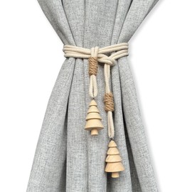 Curtain Holdbacks Boho Tiebacks for Drapes, Farmhouse Cotton Rope Tie Backs with Decorative Wood Christmas Tree, Curtain Accessories Holders for Indoor Outdoor Use, Set of 4
