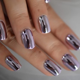Press On Nail Tips Mirror Violet Color Soild Color Reusable Fingernails Salons At Home Short Squoval Glossy Fake Nail Tips False Nails Full Cover Nails Tips For Daily Wear Party Outdoor Travel