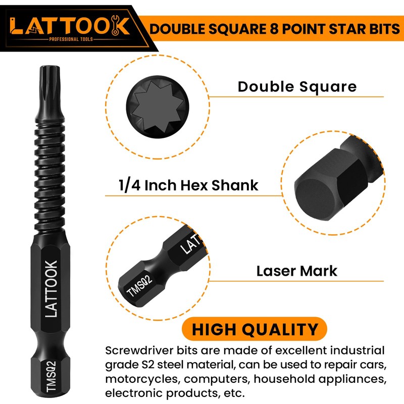 Double Square 8 Point Torx Star Bit Set, Magnetic S2