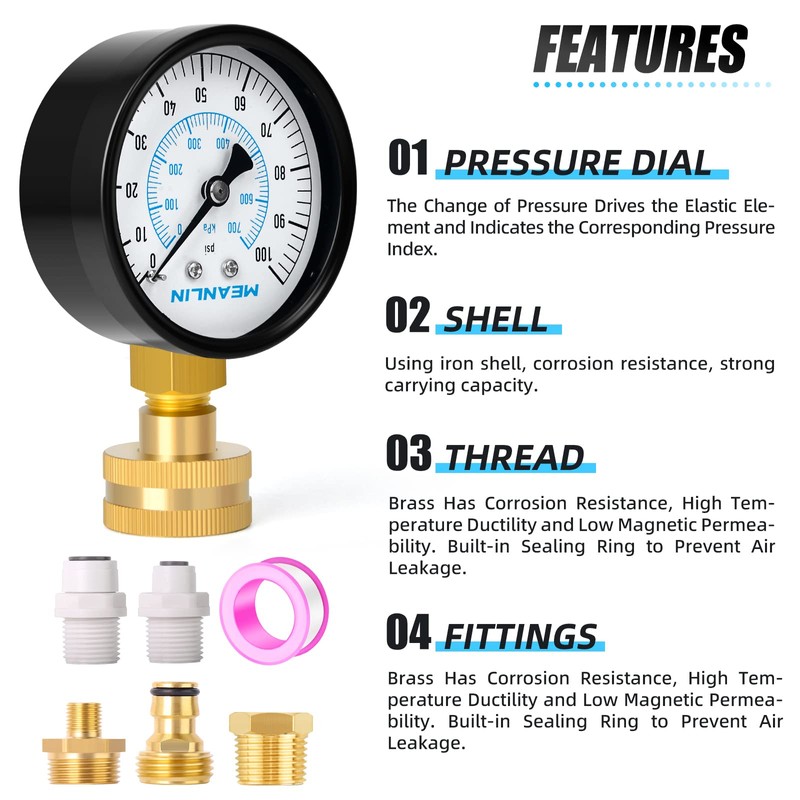 MEANLIN MEASURE 0~100Psi 3/4" Female Water Pressure kit Plus 5