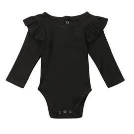 Mubineo Infant Baby Girl Basic Plain Rib Knit Ruffle Long Sleeve Romper Bodysuit Tops (Black, 12-18 Months)