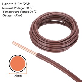 sourcing map 25 Feet Electrical Wire Insulated Solid Copper 14 AWG Hook Up Wire Cable THHN Wire Residential, Industrial, Grounding, Electrical Rated for 600 Volts,UL listed,Brown