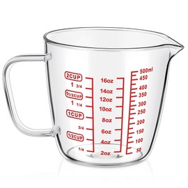 Baderke Left Handed Glass Measuring Cup 2 Cup Clear 16 oz Measuring Beaker with Handle and V Shaped Spout 500 ml for Kitchen, Restaurant, Liquid, Easy to Read, Red Measurements