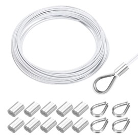 sourcing map 66FT Stainless Steel Cable Railing Kit, 1/16" Vinyl Coated 7x7 Strand Wire Rope with Loop Sleeves and Thimbles for Outdoor Deck Fence Wire & String Light,Picture Hanging,White