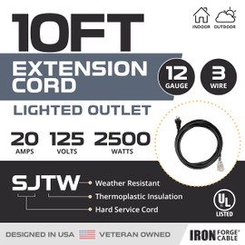 Iron Forge Cable de extensión para secadora/EV de 10 pies, 20 amperios, 5-20P a 5-20R SJTW negro iluminado calibre 12